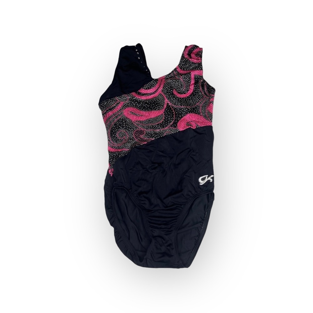GK Elite Gymnastics 𖤐 Print Training Leotard 𖤐 Black Pink Silver Spanglez 𖤐 S - Picture 2 of 16